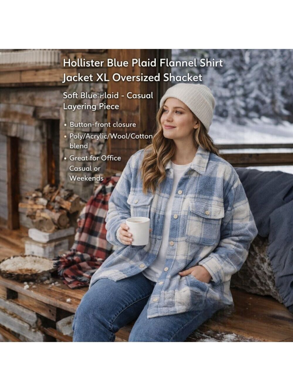 Hollister Blue Plaid Shacket Jacket Overshirt Button Front XL Cozy Cabin Casual